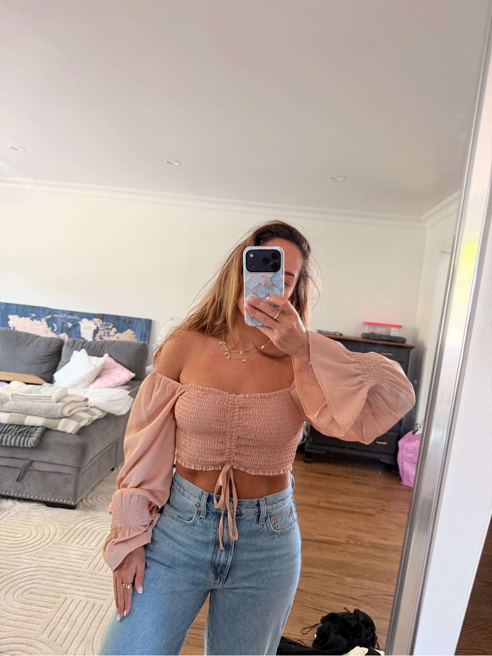 Off-Shoulder Blush Pink Smocked Crop Top